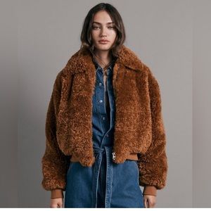 Rag & Bone Nikki Brown Cropped Wool and Cashmere Blend Faux Fur Jacket